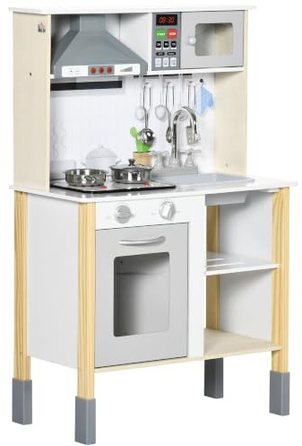 AIYAPLAY Cocina de Juguete de Madera para +3 Años 60x30,5x93,2 cm Blanco | Para Niños, Altura Regulable, Luz y Sonidos, Grifo con Agua, Fregadero, Placa de Cocina y Horno, Cocinita de Juguete