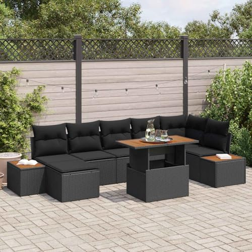 Ordellia Garten-Sofa-Set mit Speicher 8-teilig, Schwarz Poly Rattan, Modular Outdoor Lounge Möbel mit Kissenbox, Terrassenmöbel für 6 Personen