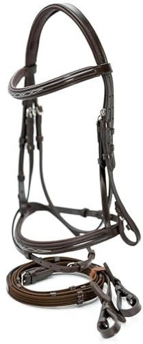 Jeffers Uniquely English Kentucky Leather Jumping Bridle with Web Reins for Horses, Cob Size - Fancy Stitched Padded Noseband & Browband, Mono Crown, Flash Strap, Hook Stud Bit Ends, Equestrian Tack