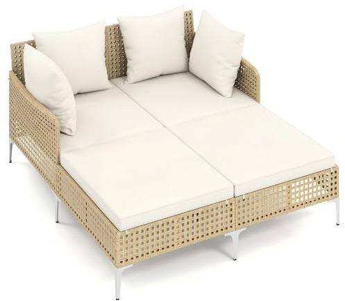 GIANTEX Rattan Doppelbett Gartenliege wetterfest mit Metallrahmen | Sonnenbett für 2 Personen mit Rücklehnen, Kissen, Relaxliege für Garten, Terrasse, Balkon, 153x133x70 cm