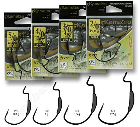 Kamatsu Offset Hooks Weighted Wide Gap Weedless Soft Lures Bait Worm Pike LRF/HRF (VA01-1x3pcs size 2/0 Offset Weighted Hook