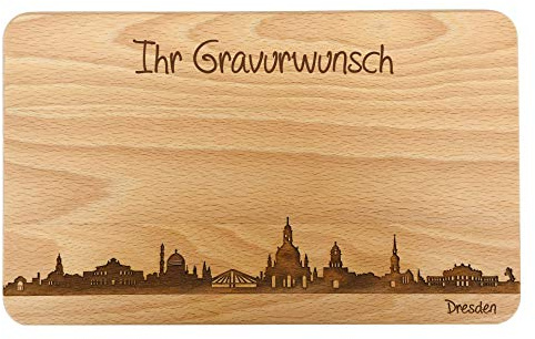 SNEG Brotzeitbrett Dresden Skyline | Frühstücksbrettchen aus Buche | Holz Schneidbrett | Geschenk mit Gravur | Frühstücksbrett | Sachsen (26x16x1,5cm (L) - mit persönlicher Gravur)