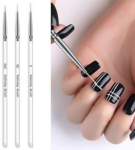 Tinsow 3pcs Professional Nail Art Brush Set Liner Pens Striping Brushes for Short Strokes, Details, Blending, Elongated Lines etc (Transparent)