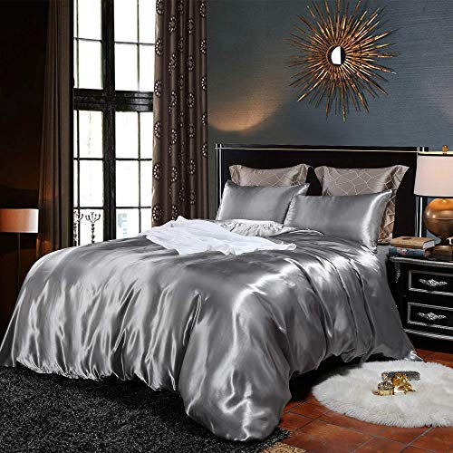Loussiesd Hotel Grey Comforter Cover Double Silk Like Satin Bedding Set Summer Reversible Quilt Duvet Cover Honeymoon Sexy Luxury Soft Lightweight Brushed Bedspreads for Farmhouse Room Decor