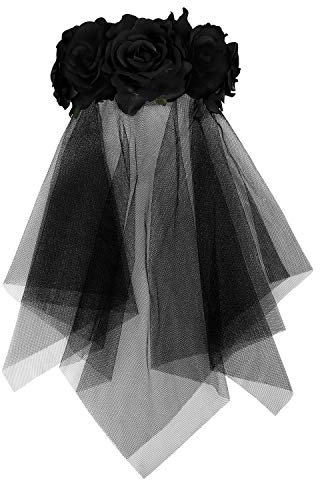 Kopfschmuck Halloween Kostüm Haarreif Rosen Schleier Gotisch Tüll Schwarz Softtüll Damen Kopfbedeckung Party Hochzeit Karneval Haarschmuck Zombiefrau Maskerade Haarkranz