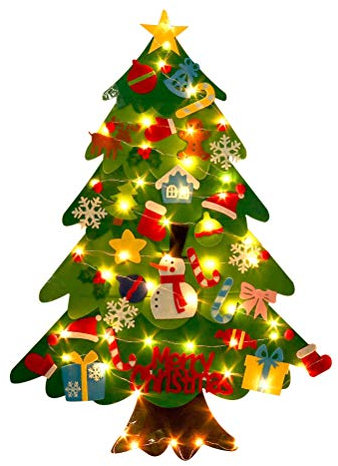 Fliyy Albero di Natale in feltro, morbido albero di Natale fai da te con ornamenti e stringa di luce, decorazione per la casa da appendere alla parete per bambini regali di Natale forniture per