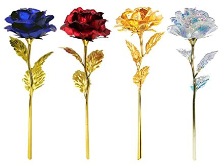 Rose Feuille d'or 24K rose eternelle sous cloche Fleurs artificielles Rose Elégante Rose Longue Tige Fleurs Éternelles ,Fleur Golden Rose Avec Boîte pour Saint Valentin(Or / Bleu / Rouge / Coloré)