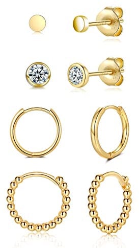 WOVEE Ohrringe Set Gold Rund Ohrstecker Zirkonia & Creolen Silber 925 Vergoldet Damen Herren Mädchen 3mm 4mm 10mm 12mm