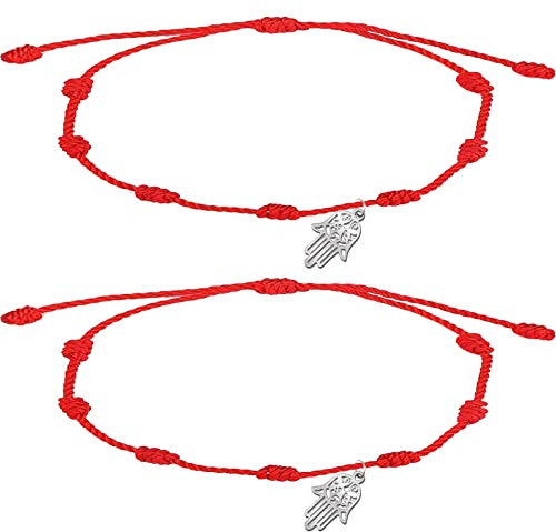 cotigo, Pulsera Roja de 7 Nudos con Amuleto en Acero, Suerte y Protección, Pulsera Mal de Ojo para Parejas y Amistad, Bisutería Ajustable para Mujer y Hombre (Mano de Fatima - Plateado)
