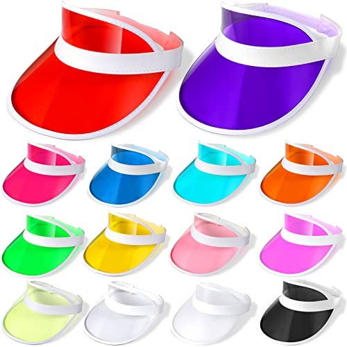 14 Stück Unisex Sonnenblenden Kunststoff transparente Kappe mit UV-Schutz Bonbonfarbe Transparent Tourist Visier Kappe bunte Pokerhut, Weißer Rand, M/L