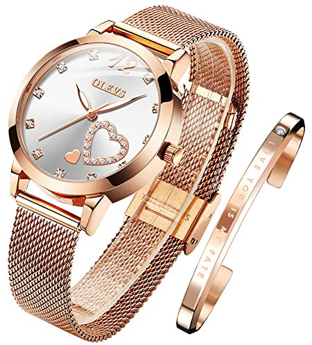 OLEVS Damenuhr Roségold mit Herz Diamant Weiße Gesicht Quarz Armbanduhr Wasserdicht Gürtel Armreif Set