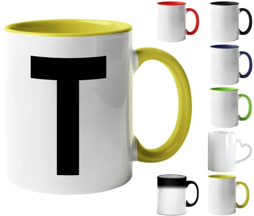 Design Letters Coffee Cup - Available in A-Z | Initial Mug with Alphabet | Ceramic Coffee Mugs for Women, Men | Letter T Mug | Yellow