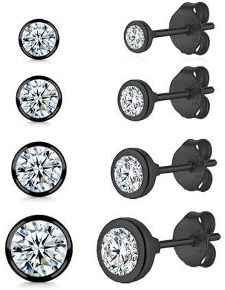 USEEDOVIA 4 Paar Schwarze Ohrringe Stecker Kleine Ohrstecker Set Runde Zirkonia 2/3/4/5 mm