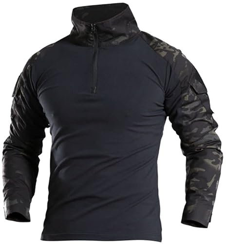 Czen Herren Taktisches Hemd Military Combat Shirts 1/4 Reißverschluss Langarm T-Shirt Outdoor Tarnhemden für Airsoft Paintball Wandern, SchwarzCp, M