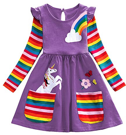Rainbow Unicorn Dress for Girls - Purple Stripe Flower Embroidery 3-4 Years Casual Winter Long Sleeve Birthday Party Dress