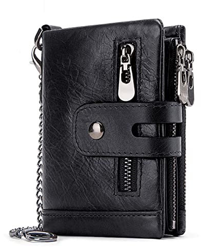 Soyeacrg Herren Geldbörse Echtleder Reißverschluss klein Geldbeutel RFID Schutz mit Kette Doppelte Falte Herren Geldbeutel Viele Fächer Portemonnaie Kartenfächer Brieftasche,Black