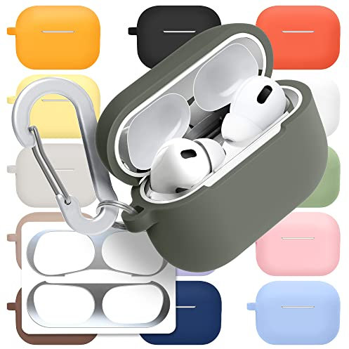 superdivision [3 in 1] AirPods Pro 2 Silicone Case + Anti-Lost Carabiner + Dust Guard Metal Film, Protective Cover with Keychain for Apple AirPods Pro 2 (2022) [Front LED Visible] (Olive Drab)