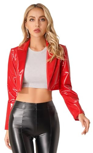 dPois Damen Jacke Lederoptik Kurz Mantel Cropped Jacke Bolero Lack Leder Bikerjacke Offen mit Reverskragen Gothic Punk Clubwear Rot M
