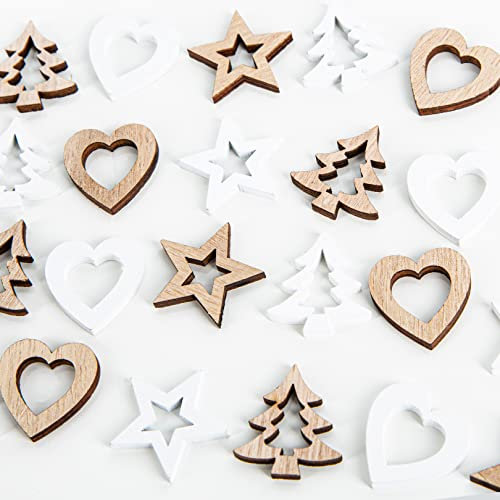 Logbuch-Verlag 24 kleine Holz Weihnachten Streuteile weiß Natur Deko zum Streuen mini Tischdeko 2,5 – 3 cm Herz Baum Sterne