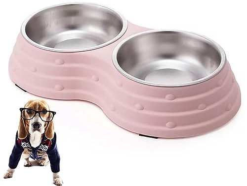 Arightmu 2-in-1 Stainless Steel Pet Bowls | Non-Slip Tilted Cat Dog Bowl with Anti-Skid Design | Double Bowl for Kittens, Puppies, Rabbits & Small Animals (Pink-Round, Large)