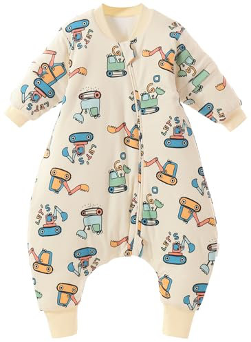 Chilsuessy Baby Winterschlafsack Schlafsack mit Füssen kleine Kinder Ganzjahres Winter Schlafsack Schlafanzug für Jungen und Mädchen,abnehmbar Ärmel, Cartoon Bagger/2.5 Tog, 70/Baby Höhe 80-90cm