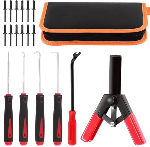 Rustark 47Pcs Upgraded Poly Rivet Gun Automotive Kit with 40Pcs Nylon Blind Rivets, 4Pcs Precision Hook Tools, 1Pcs Fastener Removal Tool and Storage Bag, Plastic Hand Riveter for Automotive