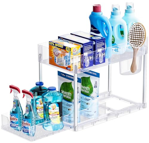 Puricon Unter Waschbecken Regal, 2 Etagen Standregal Küche Arbeitsplatte Regal Organizer, Mehrfunktional Küchenregal Gewürzregal Unterschrankregal Spülschrankregal -Clear