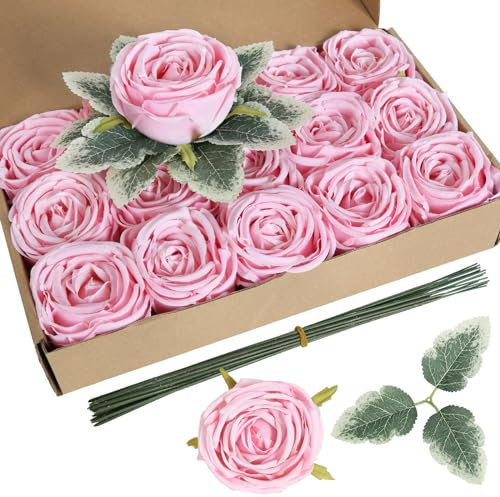 INSUNSIX Künstliche Rosen, Austin, Kunstseide, für Bastelarbeiten, Hochzeit, Party, Brautparty, Heimdekoration, Rosa, 16 Stück
