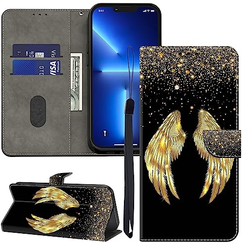 GLANDOTU Lederhülle für Xiaomi Redmi 13C / 13 C/Poco C65 Hülle, Kartensteckplätzen Muster Flip Motive Wallet Handyhülle Tasche Case Schutzhülle Kompatibel mit Redmi 13C Hülle - Goldene Flügel