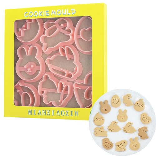 PTaizjjz Juego de 8 cortadores de galletas de Pascua, cortadores de galletas de Pascua prensables, conejo, pollito, huevo de Pascua, cortadores de repostería con estampado en relieve para utensilios
