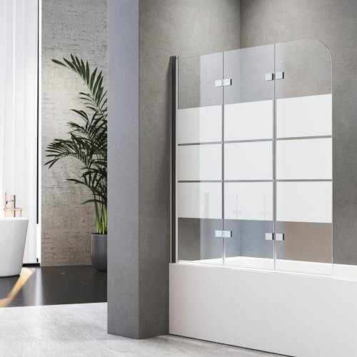 Duschwand für Badewanne Faltbar 130 x 140 cm Gestreift Badewannenfaltwand 3 teilig Duschfaltwand für Badewanne aus gehärtetem Sicherheitsglas mit NANO Beschichtung