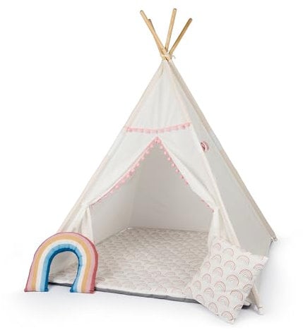 Paco Home Kinderzelt Tipi Zelt für Kinderzimmer Spielzimmer Innen Indoor Robust Stabil Wigwam versch. Muster, Farbe:Weiß 1, Sets:Mit Zubehör