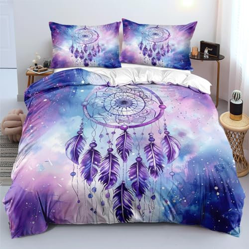 YUTNSAN Traumfänger Bettwäsche 135x200cm Lila Feder Muster 2 Teilig Mädchen Kinderbettwäsche Set Mikrofaser Exotisch Boho Blau Bettbezug und Kissenbezug 80x80cm