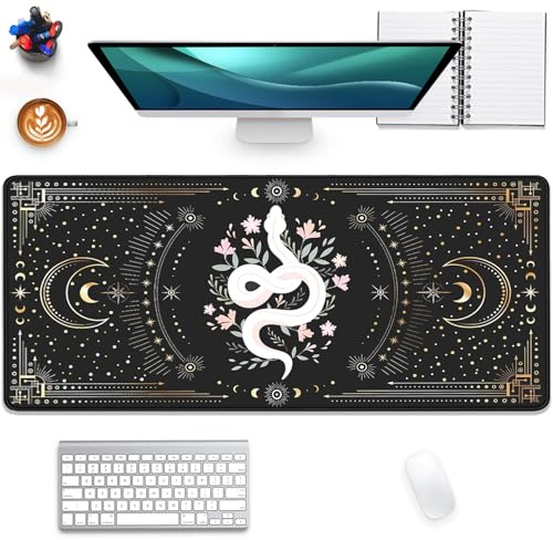 Mysterious Starry Sky Moon and White Snake Pattern Large Extended Gaming Mouse Pad E-Sports Office Desk Mat Keyboard Pad Rubber Non-Slip Computer Mouse Mat Suitable for Home Office Work (69.8X30cm)
