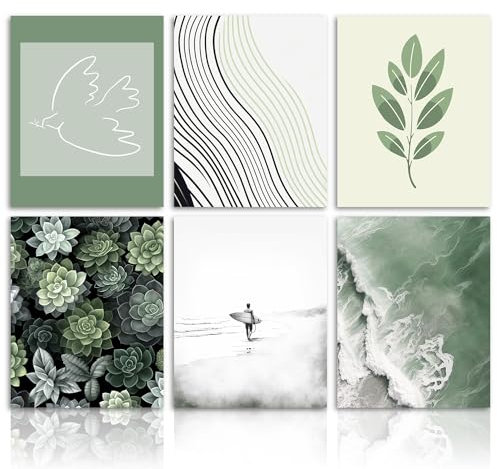 Dazzlewall Strand Wandbilder 6er Set, Salbei Grün Botanische Drucke, Abstraktes Minimalistisches Leinwand Bilder für Schlafzimmer Wohnzimmer Deko 20x25cm Ohne Rahmen
