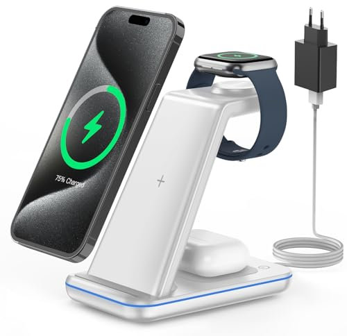 3 in 1 Induktive Ladestation, CIYOYO Kabelloses Ladegerät für iPhone 16/15/14/13/12/Pro Max/XS/XR/X/8, ladestation für iWatch Ultra/10/9/8/6/5/SE, Wireless Charger für Air Pods Pro 2/Pro/4/3/2-Silber