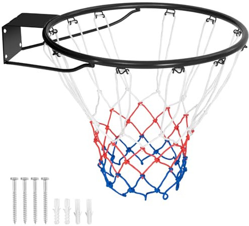 GYMAX Ø 45cm/37cm Basketballkorb, Basketballnetz mit Ring, Netz & Halterung, wetterfester Basketballring in Profigröße zur Wandmontage, für Schulhöfe & Sporthallen (Ø37cm,Schwarz)