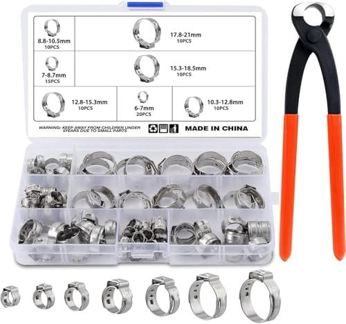 HSEAMALL 85 Fascette Stringitubo in Acciaio Inox, 7 Misure, Morsetto per Tubo Flessibile Con Pinza, per Giardino, Pompa del Carburante, Casa, Lavatrice