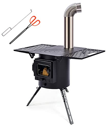 Stufa a Legna, Stufa da Campeggio Portatile a Legna, Stufa a Legna Rotonda Nera per Picnic/Barbecue all'aperto, Riscaldamento/Cucina Domestica, Kit Camino per Stufa da Tenda