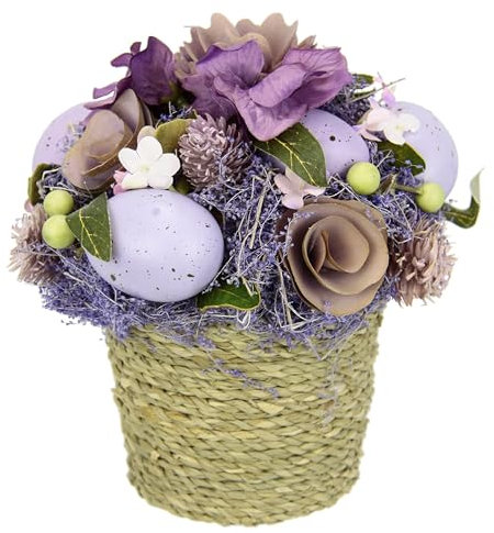 Kunstblumen-Gesteck Ei Trockenblumen im Topf Hortensie Ostergesteck Osterdeko Oster-Ei Arrangement Tischdeko Deko Ostern Künstliche Frühlingsblume Unechte Blumen Frühjahrsdeko Frühjahr Blume, 17cm