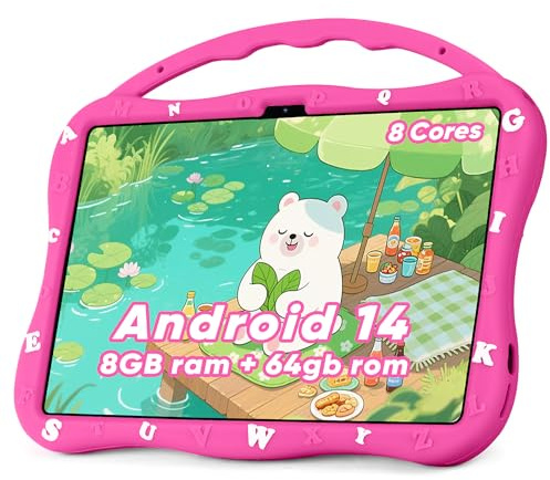 MengDash Kids Tablet, Android 10.1 inch Tablet for Kids 3-10, Educational Learning Toddler Tablet Android 14, 8（4+4） GB RAM+64GB ROM Storage, 5G WiFi, Baby Girl boy Present (Red)