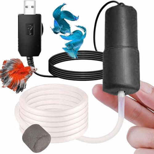Mini USB Fish Tank Air Pump, Ultra Silent Aquarium Air Aerator with Air Stone, Portable Oxygen Bubbler, Energy Saving, High Efficiency, 1W-2W, Includes Silicone Tube
