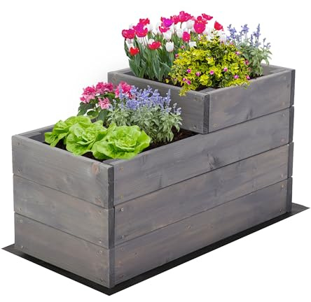 MODO24 Hochbeet Holz, 2-stufiger, Blumenkasten 36x30x63 cm, Grau | Komplettes Anzuchtset inkl. Schrauben, Dekoratives Gemüsebeet, Kräuterbeet & Blumenkasten für Garten und Terrasse