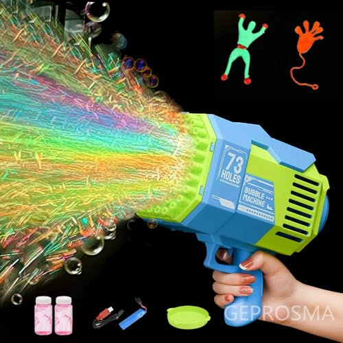 GEPROSMA Seifenblasenmaschine Seifenblasenpistole Kinder,Seifenblasen Hochzeit Party, Bazooka Elektrische 73 Löcher,Licht,Aufladbare Akku,Bubble Gun Machine Blaster