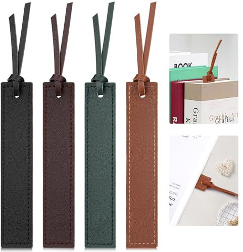 kdafio 4 Pcs Leather Bookmark, Classic Stitched Bookmark with Leather Rope, Bookmarks for Men, Handmade Stitched Book Marks Page Markers for Book Reader Teachers Students School Office