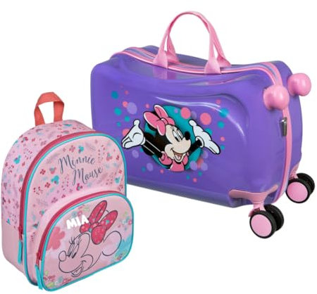 Kinderkoffer Ride-On Disney Minnie Mouse, Koffer Set mit Kinderrucksack, Personalisiert mit Name, Trolley zum Draufsitzen, Handgepäck Reisekoffer