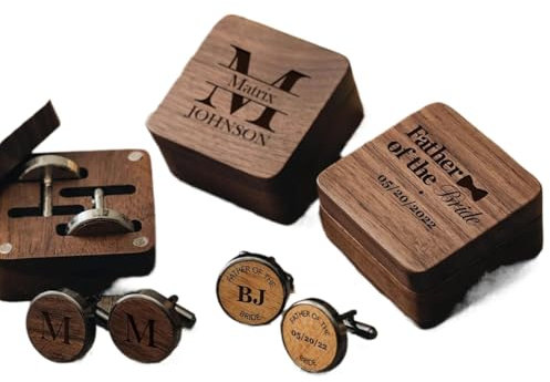 Personalisierte Manschettenknöpfe aus Holz für Herren, Boutique-Hemd-Hülsennägel mit magnetischem Deckel, Holzbox, Hochzeit, Party, Trauzeugen, Geschenke, Einheitsgröße, Edelstahl Holz, Kein Edelstein
