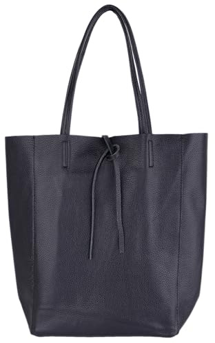MIRROSI Shopper Damen aus Echtleder – Made in Italy – Henkeltasche & Tragetasche 38x38x16 cm – Einkaufstasche in vielen trendigen Farben – passt für A4-Ordner (Navy)