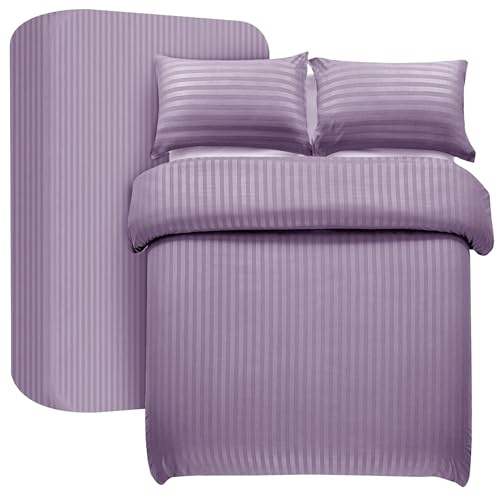 My home store Set completo di biancheria da letto in satin a righe con lenzuolo ad angoli profondo 30 cm e 2 federe per cuscini - Set completo di biancheria da letto matrimoniale in microfibra