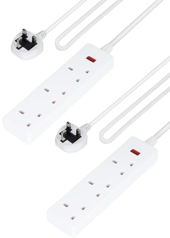 GEEPAS 3 Gang Extension Lead, 1M Cable | 3-Way Plug Extension Cable with Neon Indicator Light | Wall Mountable & Multi Socket Mains Strip for Home Bedroom Office | Heavy Duty UK Plug | White Pack of 2